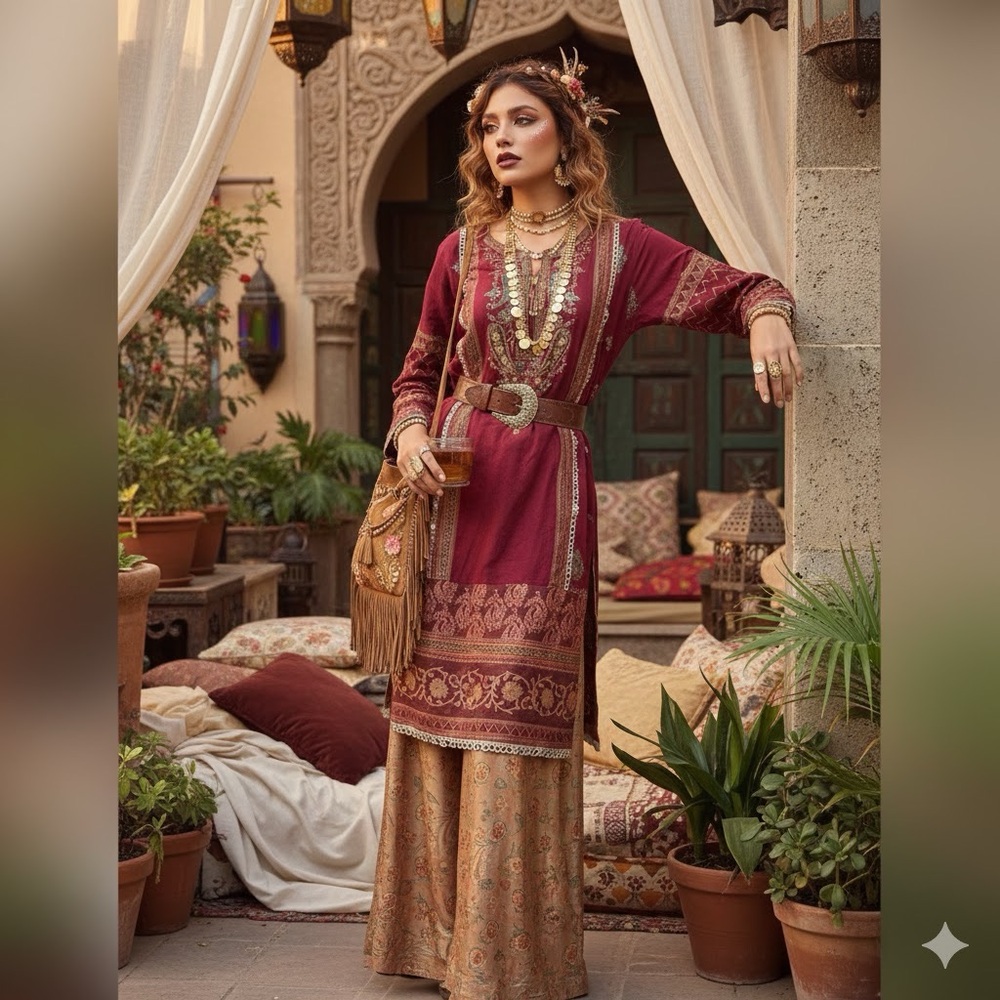 GURIYA Boho Chic Maroon Embroidered Tunic Kurti - Gold Leaf Charms - Size M/L